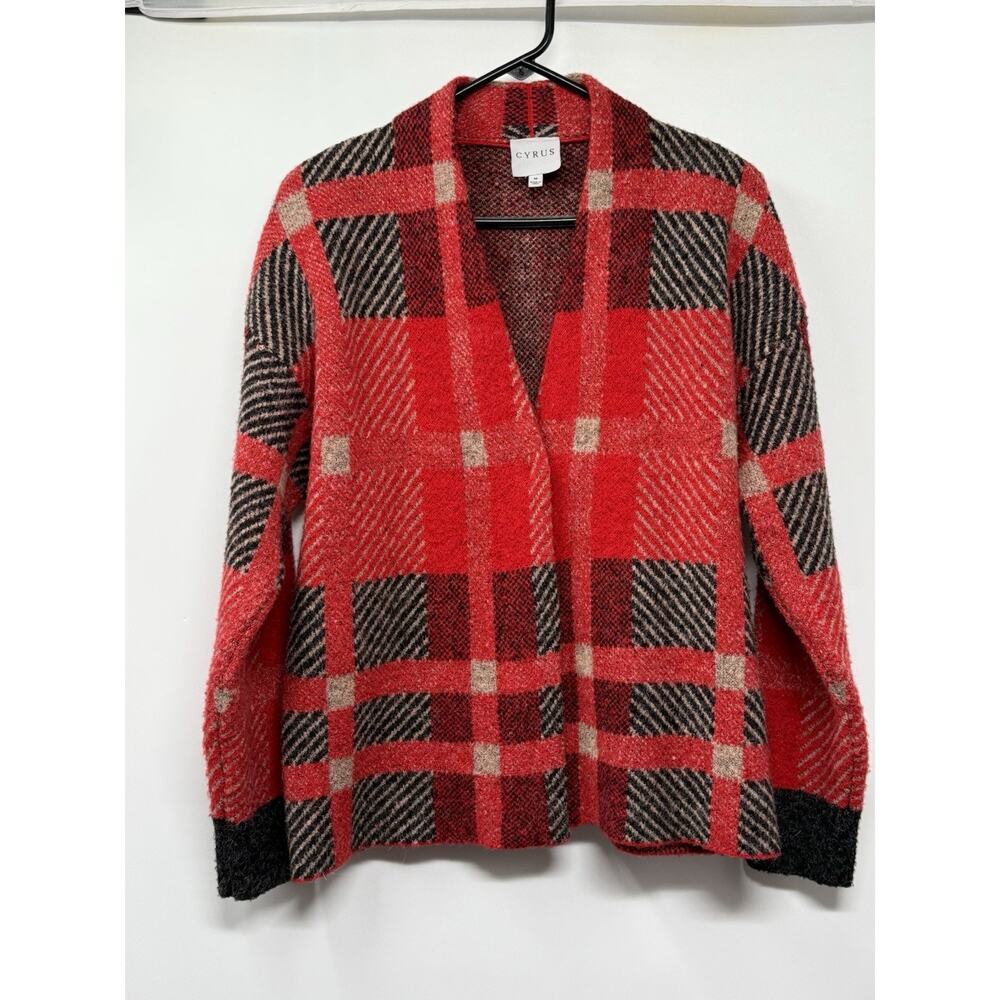 Cyrus Cardigan Sweater Snap Button Red Check Plaid Women Size Medium Academia